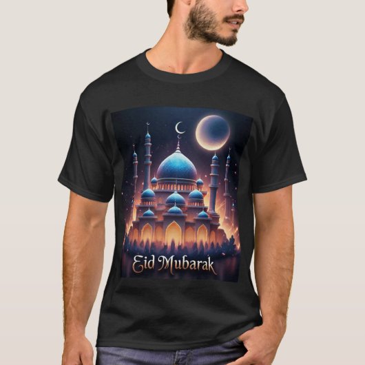Gloeiende Blauwe Moskee Eid Mubarak T-shirt voor m (Voorkant)