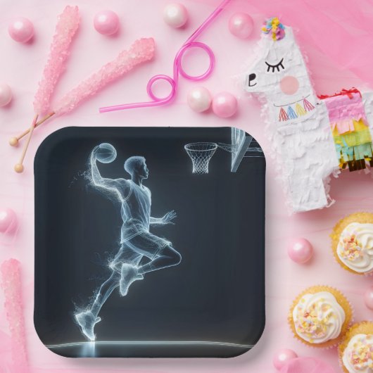 Gloeiende Blauwe Neon Basketbalspeler Papieren Bordje (Feest)