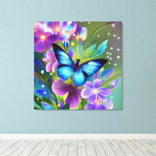 Gloeiende blauwe vlinder in Fairy Garden Canvas Afdruk (Insitu (Houten vloer))