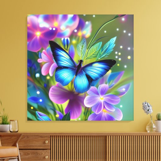 Gloeiende blauwe vlinder in Fairy Garden Canvas Afdruk (Insitu (Woonkamer))