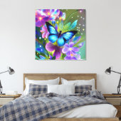 Gloeiende blauwe vlinder in Fairy Garden Canvas Afdruk (Insitu (Slaapkamer))