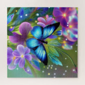 Gloeiende blauwe vlinder in Fairy Garden Legpuzzel (Horizontaal)