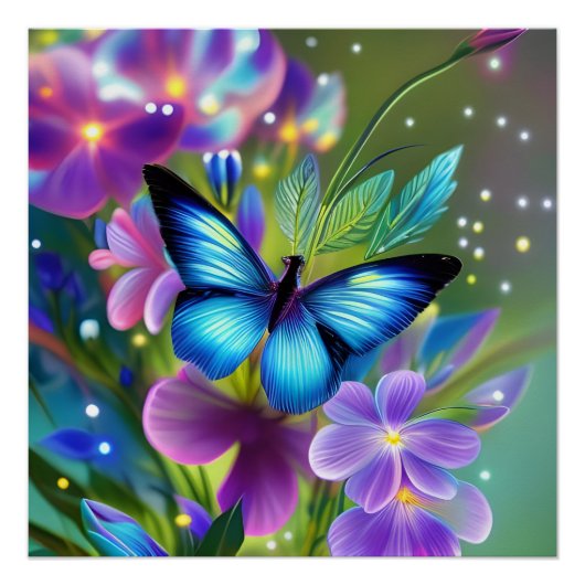 Gloeiende blauwe vlinder in Fairy Garden Perfect Poster (Voorkant)