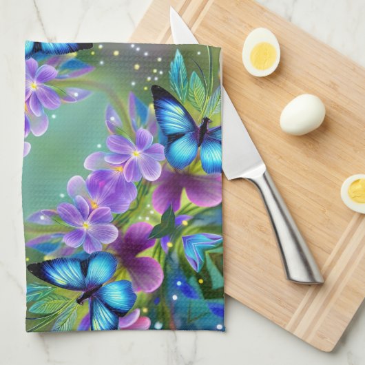 Gloeiende blauwe vlinder in Fairy Garden Theedoek (Quarter Fold)