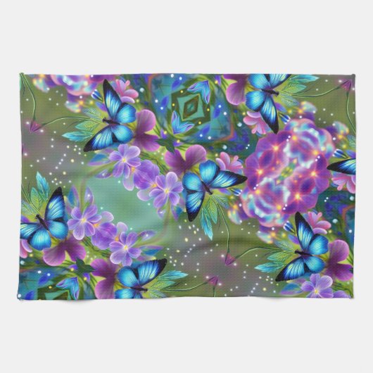 Gloeiende blauwe vlinder in Fairy Garden Theedoek (Horizontaal)