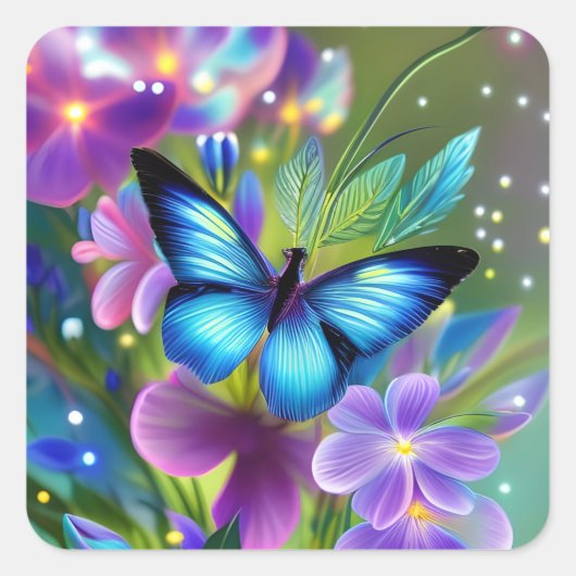 Gloeiende blauwe vlinder in Fairy Garden Vierkante Sticker (Voorkant)