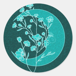 gloeiende Blauwgroen Art Nouveau Moon & Flowers Ronde Sticker