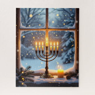 Gloeiende Chanoeka Menorah in een besneeuwd winter Legpuzzel