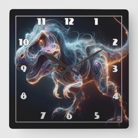 Gloeiende dinosaurus in een donkere omgeving vierkante klok (Voorkant)