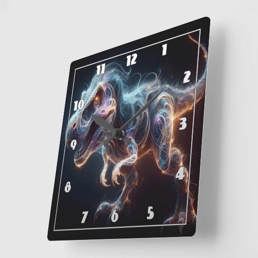 Gloeiende dinosaurus in een donkere omgeving vierkante klok (Hoek)