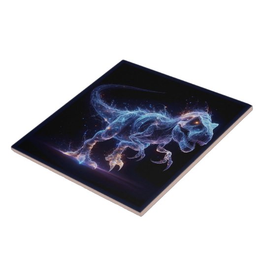 Gloeiende dinosaurus zwervend in een sterrenachter tegeltje (Zijkant)