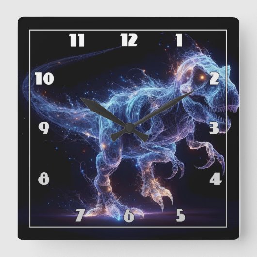 Gloeiende dinosaurus zwervend in een sterrenachter vierkante klok (Voorkant)