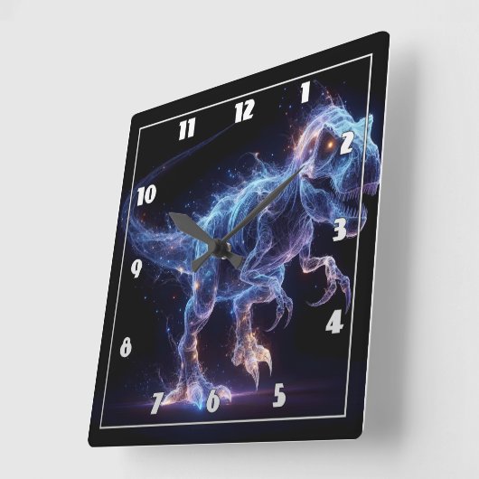 Gloeiende dinosaurus zwervend in een sterrenachter vierkante klok (Hoek)