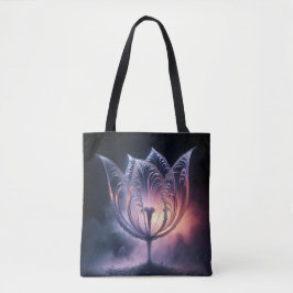 Gloeiende doorschijnende tulp met regendruppels tote bag