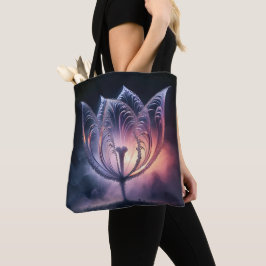 Gloeiende doorschijnende tulp met regendruppels tote bag