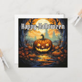 Gloeiende Gelukkige Halloween Pompoen Kaart (Voorkant / Achterkant in situ)