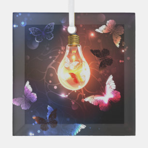 Gloeiende gloeilamp met nachtvlinders glas ornament