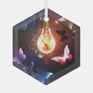 Gloeiende gloeilamp met nachtvlinders glas ornament