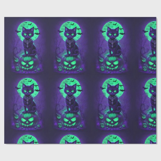 Gloeiende Groene Ogen Zwarte Kat Cadeaupapier (Vlak)