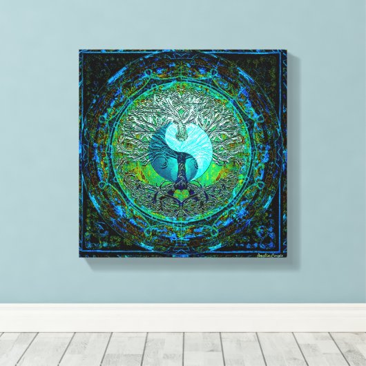 Gloeiende Groene Yin Yang Canvas Afdruk (Insitu (Houten vloer))