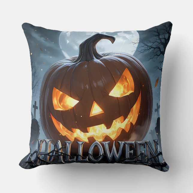 Gloeiende Halloween Pompoen Maan Kussen (Voorkant)