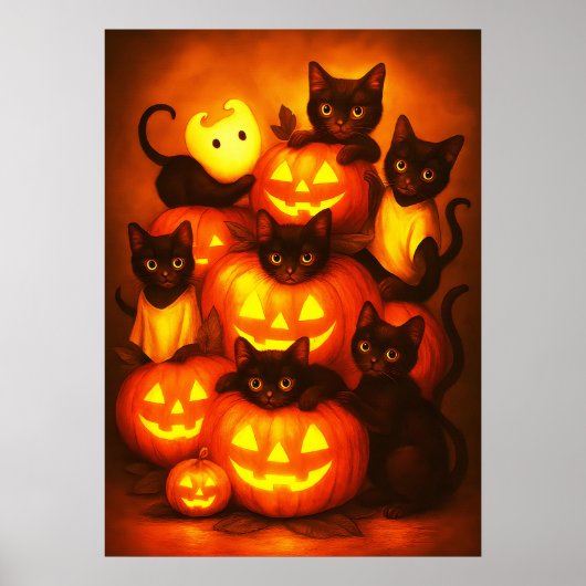 Gloeiende Halloween pompoen met Schattigee zwarte  Poster (Voorkant)
