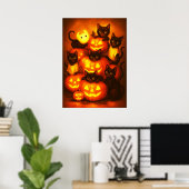 Gloeiende Halloween pompoen met Schattigee zwarte  Poster (Thuiskantoor)