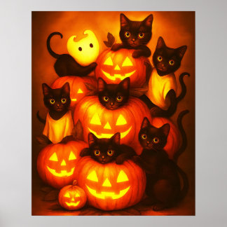 Gloeiende Halloween pompoen met Schattigee zwarte  Poster