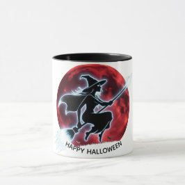 Gloeiende heks vliegt over rode maan Halloween Mok