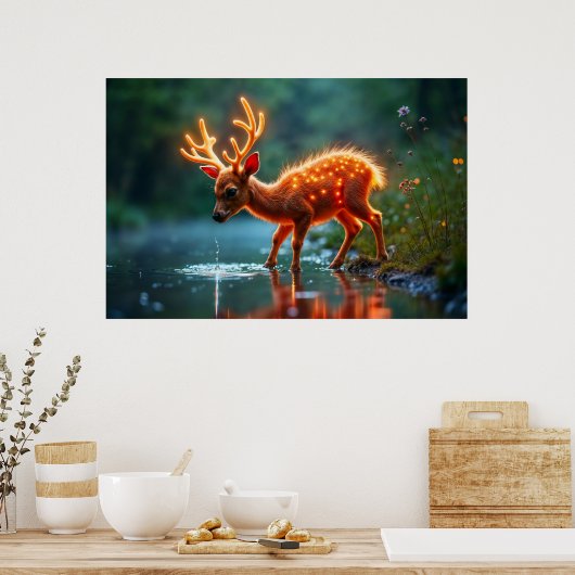 Gloeiende herten magische bos drink stroom poster (Keuken)