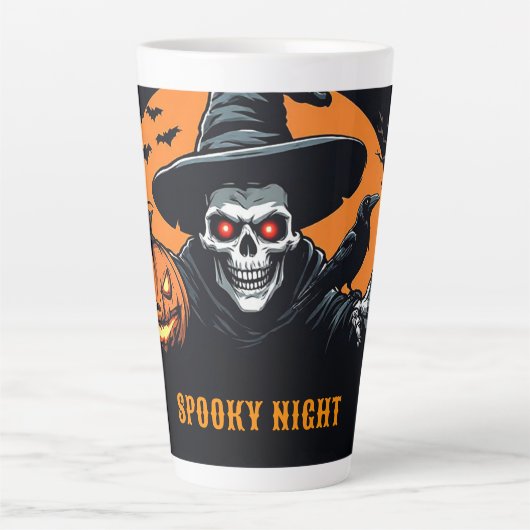 Gloeiende Jack O Lantern Met Halloween Skelet 🕸️ Latte Mok (Voorkant)