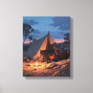 Gloeiende Kampeer vuur Tent Zonsondergang Schilder Canvas Afdruk
