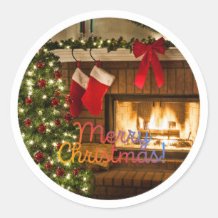 Gloeiende Kerstboom en Haard Rond Sticker