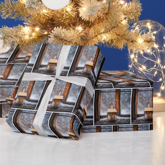 Gloeiende kerstkaarsen in sneeuw cadeaupapier (Feestdagen)