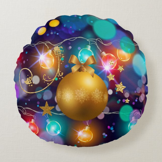 Gloeiende kerstverlichting Bokeh Golden Ornament Rond Kussen (Voorkant)