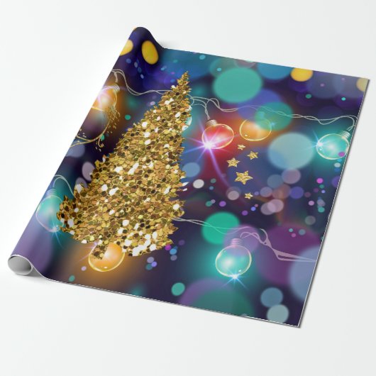 Gloeiende kerstverlichting Bokeh Golden Tree Cadeaupapier (Uitgerold)
