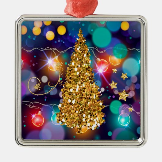 Gloeiende kerstverlichting Bokeh Golden Tree Metalen Ornament (Voorkant)