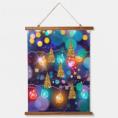 Gloeiende Kerstverlichting Bokeh Gouden Bomen Hangend Wandkleed (Voorkant)