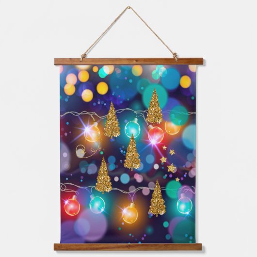 Gloeiende Kerstverlichting Bokeh Gouden Bomen Hangend Wandkleed (Voorkant)