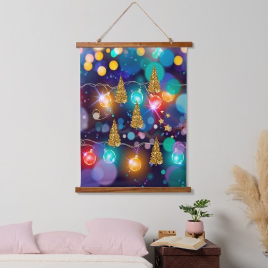 Gloeiende Kerstverlichting Bokeh Gouden Bomen Hangend Wandkleed (Slaapkamer)