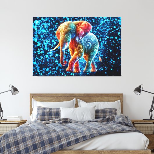 Gloeiende kleurrijke olifant canvas afdruk (Insitu (Slaapkamer))