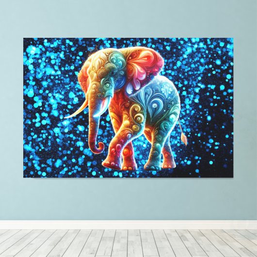 Gloeiende kleurrijke olifant canvas afdruk (Insitu (Houten vloer))