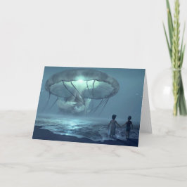 Gloeiende kwal wolk over oceaan blauwe fantasie kaart