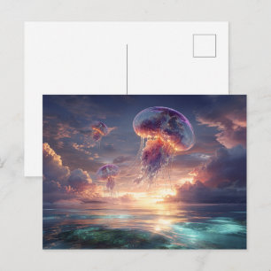 Gloeiende kwallen in zonsondergangsluchten briefkaart