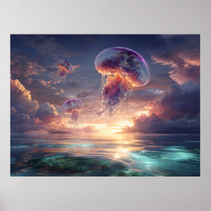 Gloeiende kwallen in zonsondergangsluchten poster