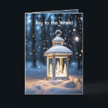 Gloeiende lantaarn in sneeuwvlokken feestdagen kaart<br><div class="desc">Gloeiende witte kerstlantaarn met dennenbomen in sneeuw en sneeuwvlokken 's nachts.</div>