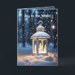 Gloeiende lantaarn in sneeuwvlokken feestdagen kaart<br><div class="desc">Gloeiende witte kerstlantaarn met dennenbomen in sneeuw en sneeuwvlokken 's nachts.</div>