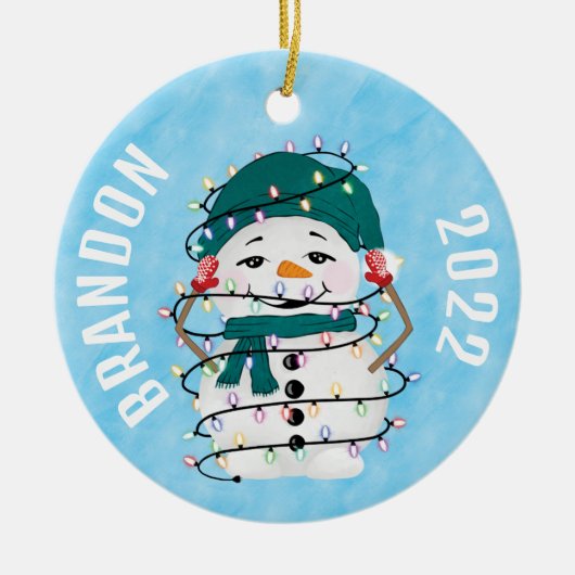 Gloeiende Lichten Winter Wonders Sneeuwman Kerstmi Keramisch Ornament (Voorkant)