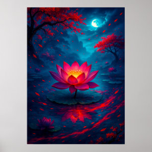 Gloeiende Lotus Flower onder Moonlight Fantasy Poster