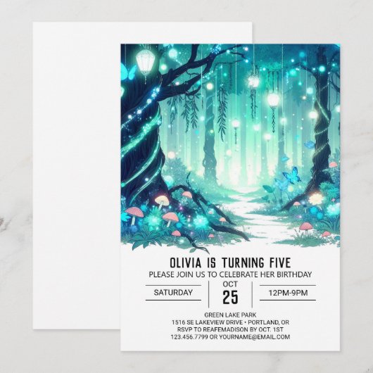 Gloeiende magische Woodland digitale verjaardag Kaart (Voorkant / Achterkant)